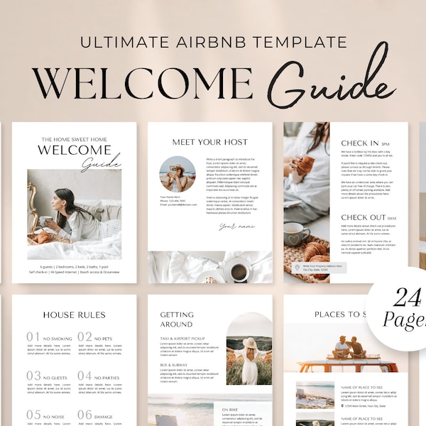 Modèle de livre de bienvenue Airbnb | Guide de bienvenue| Livre d'accueil des locations de vacances | Livre d'or VRBO | Panneaux de bienvenue imprimables | Modèle de toile