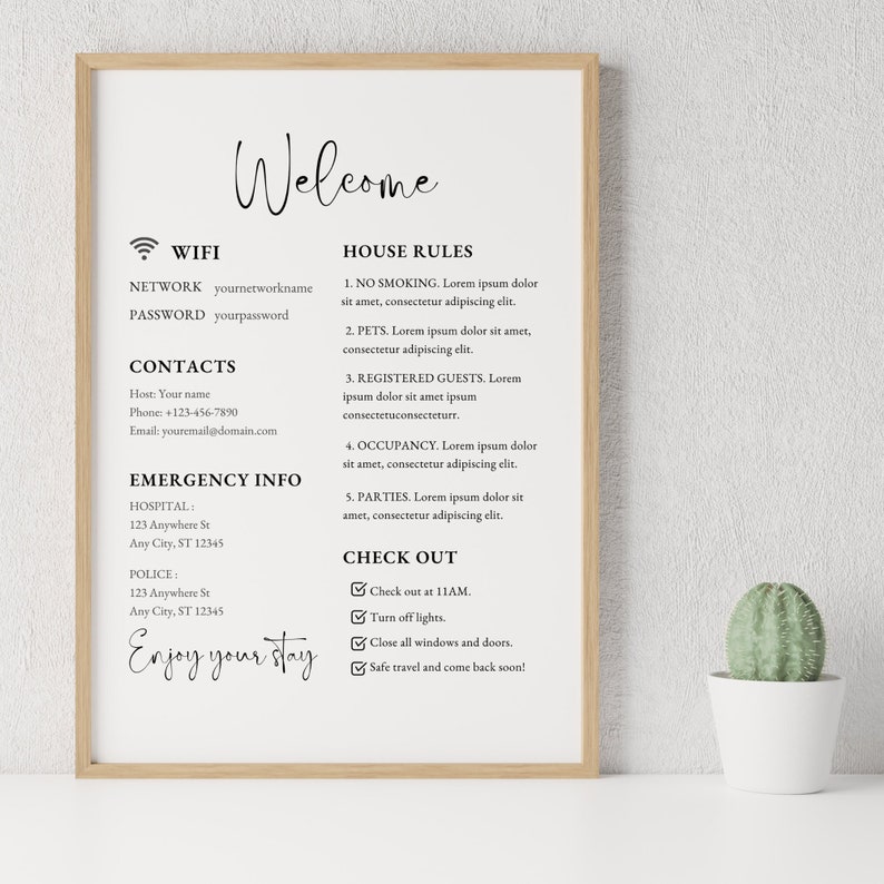 1 Page Airbnb Welcome Sign Template| Welcome Guide AirBnB| Airbnb Rental Check Out Instruction Sign|House Rules |Airbnb WIFI sign Template 