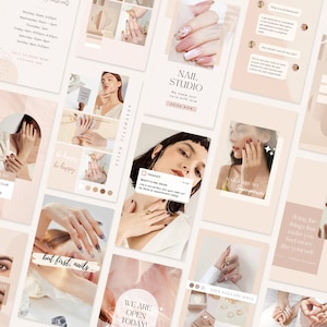 Puede incluir: Un collage de im&aacute;genes que promocionan un sal&oacute;n de manicura. Las im&aacute;genes muestran manos con manicura con varios dise&ntilde;os de u&ntilde;as, incluyendo purpurina, pedrer&iacute;a y esmalte de u&ntilde;as de colores. El texto en las im&aacute;genes incluye "Aesthetic Nails", "Nail Studio", "We make your nails with love", "Book Now" y "Your Nails Are Jewels".