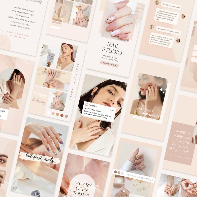 Puede incluir: Un collage de im&aacute;genes que promocionan un sal&oacute;n de manicura. Las im&aacute;genes muestran manos con manicura con varios dise&ntilde;os de u&ntilde;as, incluyendo purpurina, pedrer&iacute;a y esmalte de u&ntilde;as de colores. El texto en las im&aacute;genes incluye "Aesthetic Nails", "Nail Studio", "We make your nails with love", "Book Now" y "Your Nails Are Jewels".