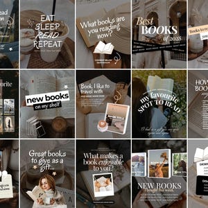 Puede incluir: Un collage de imágenes con texto sobre libros y lectura. Las imágenes incluyen texto como "Libros para leer en vacaciones", "Comer Dormir Leer Repetir" y "Nuevos libros en mi estantería". Las imágenes están diseñadas con una estética cálida y acogedora.