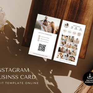 May include: A white and beige Instagram business card template with a photo of a family on the front and a collage of photos on the back. The card includes social media icons, a QR code, and the text "Let's Stay Connected".