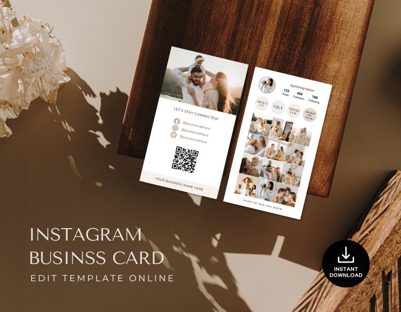 May include: A white and beige Instagram business card template with a photo of a family on the front and a collage of photos on the back. The card includes social media icons, a QR code, and the text "Let's Stay Connected".