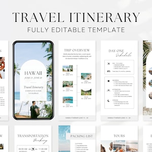 Travel Itinerary Template | Printable Travel Guide | Travel Agent Planner | Modern Minimal Travel Planner | Canva Template