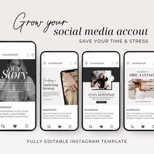 May include: Four Instagram post templates with black backgrounds and white text. The templates feature images of a woman, a ring, a woman in a cafe, and a woman in a field. The text on the templates includes "Our Story", "Developing a Marketing Strategy", "Cozy Mornings", and "Reasons to Hire a Coach".