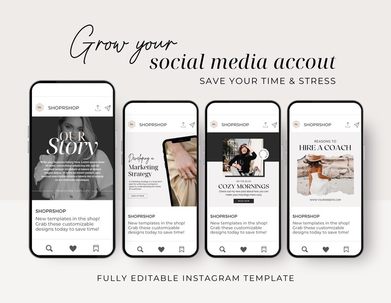 May include: Four Instagram post templates with black backgrounds and white text. The templates feature images of a woman, a ring, a woman in a cafe, and a woman in a field. The text on the templates includes "Our Story", "Developing a Marketing Strategy", "Cozy Mornings", and "Reasons to Hire a Coach".