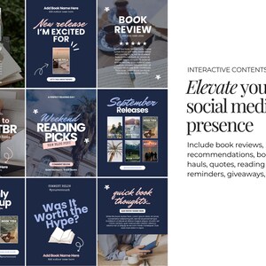 May include: A collection of nine dark blue social media templates for book content, featuring white and pink text overlays like Book Review, Weekend Reading Picks, and Monthly Wrap-up, alongside placeholders for book images and descriptive text.
