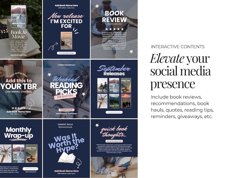 May include: A collection of nine dark blue social media templates for book content, featuring white and pink text overlays like Book Review, Weekend Reading Picks, and Monthly Wrap-up, alongside placeholders for book images and descriptive text.
