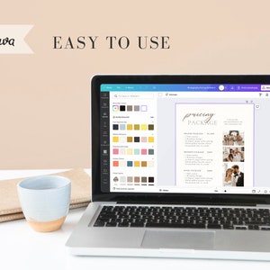 May include: A laptop computer screen displaying a Canva design template for a wedding photography pricing package. The template features a white background with black text and images of a wedding couple and wedding party. The text includes the words "pricing package" and lists different photography packages with their prices.