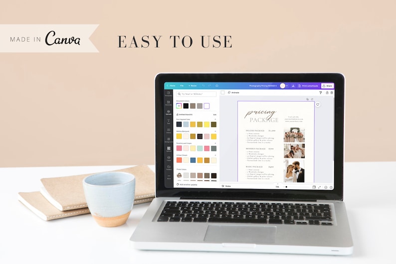 May include: A laptop computer screen displaying a Canva design template for a wedding photography pricing package. The template features a white background with black text and images of a wedding couple and wedding party. The text includes the words "pricing package" and lists different photography packages with their prices.