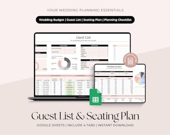 May include: A digital wedding planning template displayed on a laptop and tablet screen, featuring a Guest List and Wedding Budget with tables, charts, and auto-calculation tools. The interface includes text labels for planning essentials and a green spreadsheet icon.