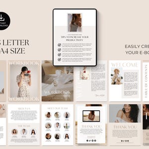 May include: A digital product mockup showing a beige and white e-book template with the text "Tips to Increase Your Productivity" and "Easily Create Your E-Book!" The template includes images of women and text boxes for content.
