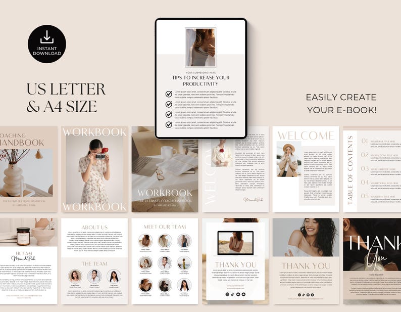 May include: A digital product mockup showing a beige and white e-book template with the text "Tips to Increase Your Productivity" and "Easily Create Your E-Book!" The template includes images of women and text boxes for content.