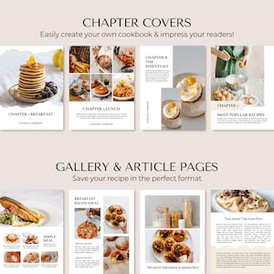 May include: Cookbook templates showcasing chapter covers and gallery pages. The covers display food images such as pancakes, eggs, and pasta. Text includes "Chapter Covers" and "Gallery & Article Pages". These templates are designed to help users create their own cookbooks.