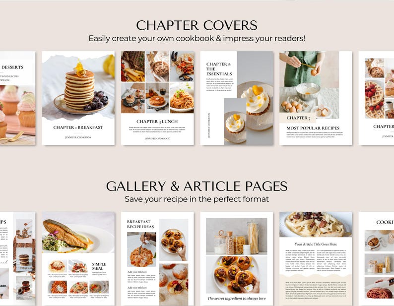 May include: Cookbook templates showcasing chapter covers and gallery pages. The covers display food images such as pancakes, eggs, and pasta. Text includes "Chapter Covers" and "Gallery & Article Pages". These templates are designed to help users create their own cookbooks.