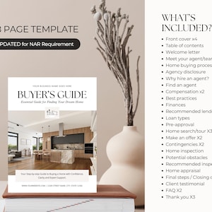 May include: A 38-page Buyer's Guide template updated for NAR requirements. The cover features a modern kitchen interior, the title "BUYER'S GUIDE," and placeholders for business details. A list of included pages is displayed on the right side.