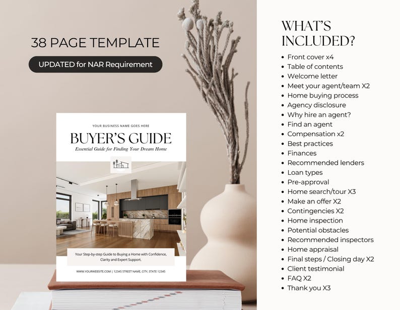 May include: A 38-page Buyer's Guide template updated for NAR requirements. The cover features a modern kitchen interior, the title "BUYER'S GUIDE," and placeholders for business details. A list of included pages is displayed on the right side.