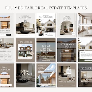 May include: A collection of fully editable real estate templates with various designs. The templates feature images of homes, interiors, and text such as "Coming Soon," "New Listing," and "Open House." The color palette includes beige, white, and brown.