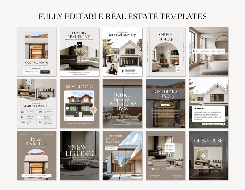 May include: A collection of fully editable real estate templates with various designs. The templates feature images of homes, interiors, and text such as "Coming Soon," "New Listing," and "Open House." The color palette includes beige, white, and brown.