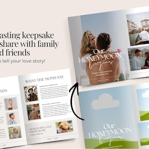 May include: A multi-page photo album with the text "Our Honeymoon Begins" and "A lasting keepsake to share with family and friends." The album features photos of a couple and text about their love story.