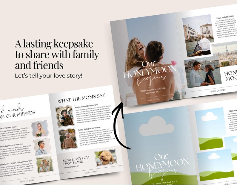 May include: A multi-page photo album with the text "Our Honeymoon Begins" and "A lasting keepsake to share with family and friends." The album features photos of a couple and text about their love story.