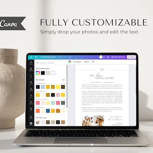 May include: A laptop screen displaying a Canva design template for a welcome letter. The template features a pink heart, the text "We love your home", and a photo of a family. The text "Dear Family of [Address]" is also visible.