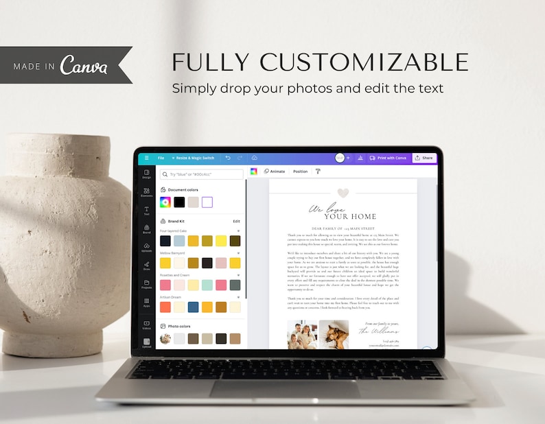 May include: A laptop screen displaying a Canva design template for a welcome letter. The template features a pink heart, the text "We love your home", and a photo of a family. The text "Dear Family of [Address]" is also visible.