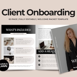 May include: A fully editable welcome packet template titled "Client Onboarding." The 65-page document features a modern design with black, white, and beige elements. The cover displays a woman in a black blazer. The Canva logo is visible.