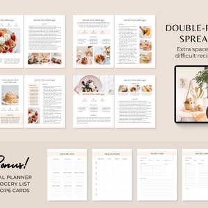 May include: A digital printable cookbook template with a double-page spread design. The template includes a meal planner, grocery list, and recipe cards. The image shows a mockup of the template with a photo of a kitchen scene and the text "COOKBOOK" and "INSTANT DOWNLOAD".