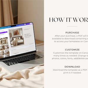 May include: A silver laptop displaying a project proposal template on Canva. The screen shows interior design mockups and the text "PROJECT PROPOSAL". The text "HOW IT WORKS" and instructions for purchase, customization, and download are also visible.