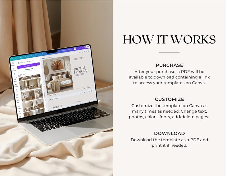 May include: A silver laptop displaying a project proposal template on Canva. The screen shows interior design mockups and the text "PROJECT PROPOSAL". The text "HOW IT WORKS" and instructions for purchase, customization, and download are also visible.