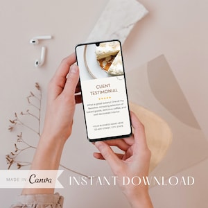 Op de afbeelding: Een smartphone die een klantbeoordeling voor een bakkerij weergeeft. De beoordeling luidt: "Wat een geweldige bakkerij! Een van mijn favorieten. Een fantastische selectie gebak, heerlijke koffie en een mooi ingericht interieur." De beoordeling bevat ook een vijfsterrenbeoordeling en de naam en het adres van de bakkerij.