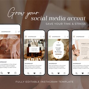 May include: Four Instagram story templates for a massage therapy business. The templates feature a light brown background with white text and icons. The text includes "Massage Benefits", "Give Away", "Escape Relax Recharge", and "Price List".
