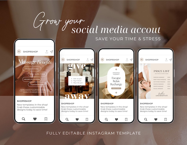 May include: Four Instagram story templates for a massage therapy business. The templates feature a light brown background with white text and icons. The text includes "Massage Benefits", "Give Away", "Escape Relax Recharge", and "Price List".