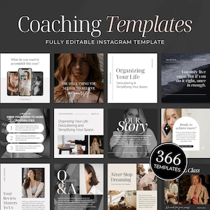 May include: A collection of 366 fully editable Instagram templates for coaches. The templates feature a minimalist design with black and white backgrounds and text. Some templates include images of people, while others feature text-only designs. The templates are perfect for sharing motivational quotes, tips, and advice with your followers.