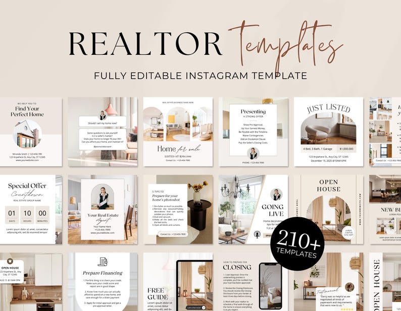 May include: A collection of 210+ Instagram templates for real estate agents. The templates feature a minimalist aesthetic with a neutral color palette of beige, brown, and white. The templates include text overlays with phrases like "Find Your Perfect Home", "Just Listed", "Open House", and "Going Live".