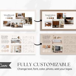 May include: A four-panel design template for a living room interior design project. The panels show a mood board, inspiration board, floor plan overview, and living room design plan. The mood board and inspiration board feature images of furniture, decor, and color palettes. The floor plan and design plan show a layout of the room with furniture placement and dimensions.