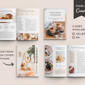 May include: Four different cookbook cover designs featuring food photography and text. The covers include a loaf of bread, pancakes, a bowl of blueberries, and a basket of eggs. The text on the covers includes "Our Family Cookbook", "Cookbook", and "Your Recipe Title Goes Here".