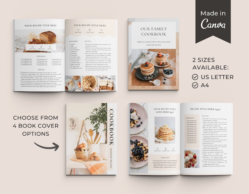 May include: Four different cookbook cover designs featuring food photography and text. The covers include a loaf of bread, pancakes, a bowl of blueberries, and a basket of eggs. The text on the covers includes "Our Family Cookbook", "Cookbook", and "Your Recipe Title Goes Here".