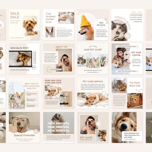 May include: A collection of Instagram post templates for a pet shop or pet care business. The templates feature images of dogs and cats, and include text such as "Sale", "New Blog Post", "About Us", "Pet Care Service", "Fun Facts About Cats", and "Challenge of the Day".