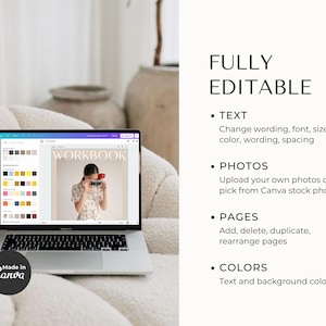 May include: A laptop screen displaying a Canva design template for a workbook. The template features a woman holding a camera and the word "WORKBOOK" in a bold font. The screen also shows a color palette and other design elements.