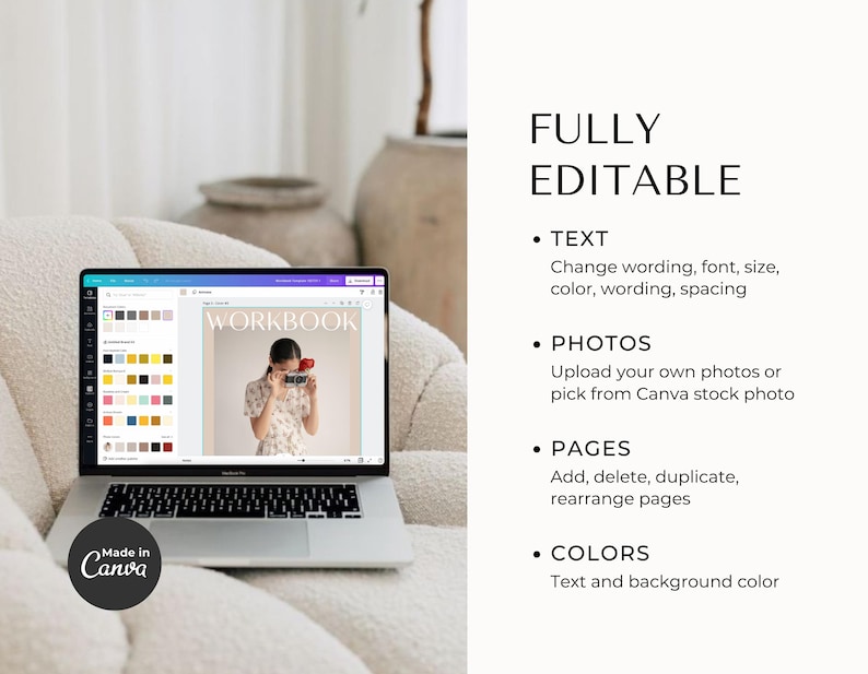 May include: A laptop screen displaying a Canva design template for a workbook. The template features a woman holding a camera and the word "WORKBOOK" in a bold font. The screen also shows a color palette and other design elements.