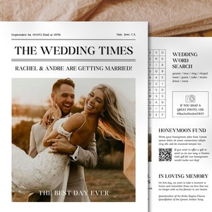 May include: A wedding announcement in the style of a newspaper with a photo of a couple, a wedding word search, and a honeymoon fund QR code. The headline reads "The Wedding Times" and "Rachel & Andre are getting married!"