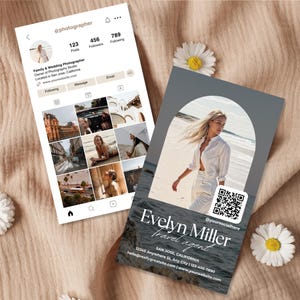 May include: A business card and an Instagram profile are presented on a beige surface, decorated with daisies. The Instagram profile displays a photographer's portfolio. The business card shows a woman on a beach and the name "Evelyn Miller, travel agent."