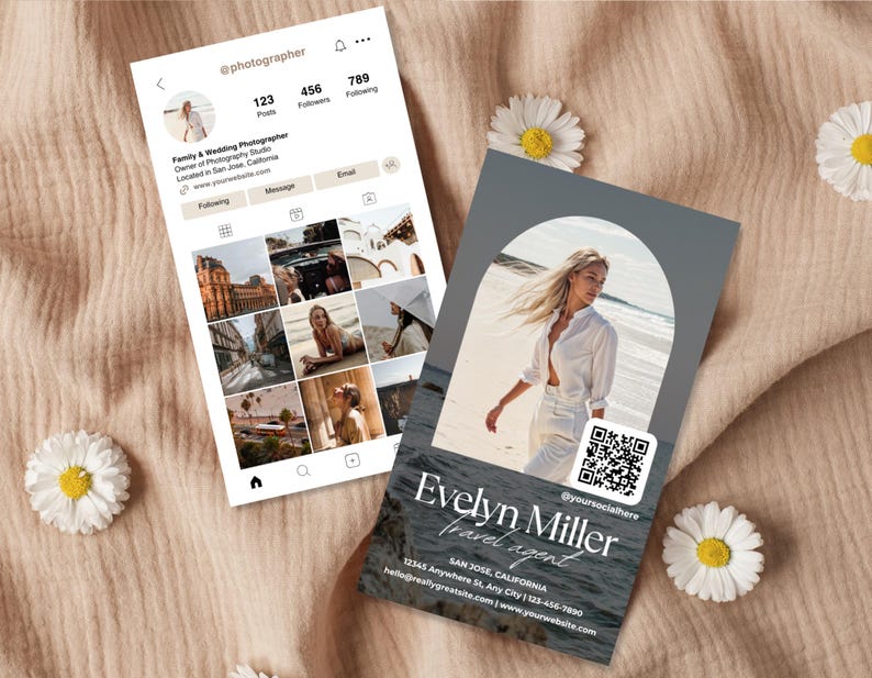 May include: A business card and an Instagram profile are presented on a beige surface, decorated with daisies. The Instagram profile displays a photographer's portfolio. The business card shows a woman on a beach and the name "Evelyn Miller, travel agent."