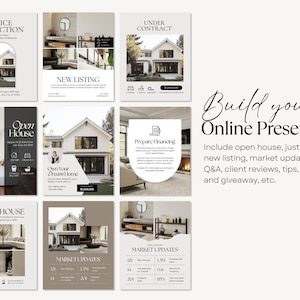 May include: A collection of real estate marketing templates with text including "Price Reduction", "New Listing", "Open House", and "Market Updates". The templates feature images of houses and interior design.
