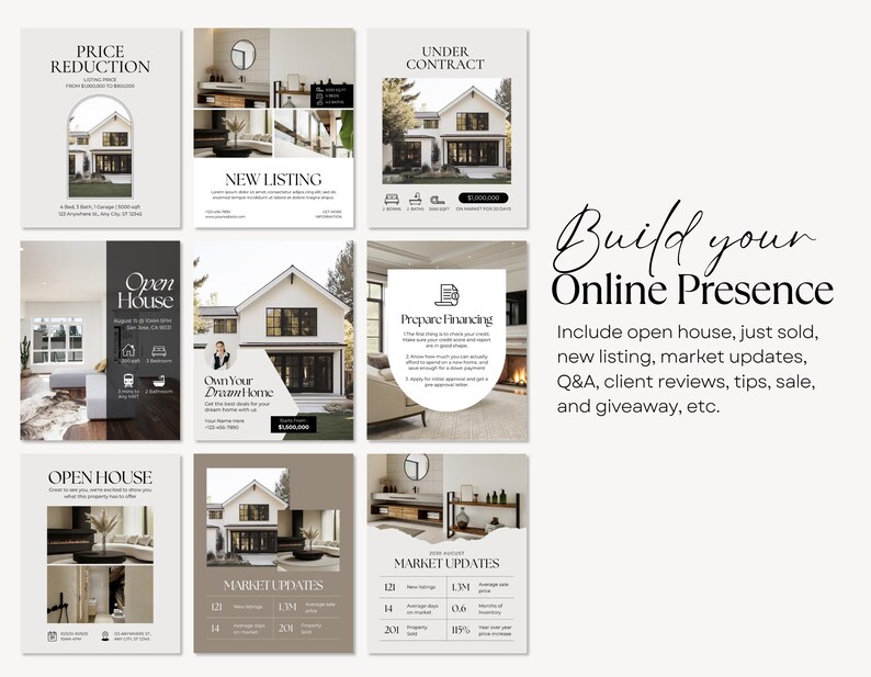 May include: A collection of real estate marketing templates with text including "Price Reduction", "New Listing", "Open House", and "Market Updates". The templates feature images of houses and interior design.