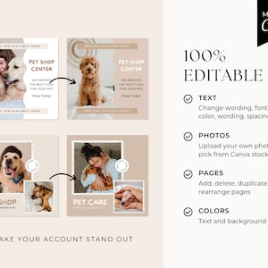Pode incluir: Um modelo de m&iacute;dia social para uma loja de animais de estima&ccedil;&atilde;o ou um neg&oacute;cio de cuidados com animais de estima&ccedil;&atilde;o. O modelo apresenta um fundo bege com quatro imagens de c&atilde;es e uma mulher segurando um c&atilde;o. O texto no modelo diz "Pet Shop Center", "Pet Care", "Novo item dispon&iacute;vel hoje", "Oferecemos a melhor comida para o seu animal de estima&ccedil;&atilde;o! Compre hoje!" e "Fa&ccedil;a sua conta se destacar".