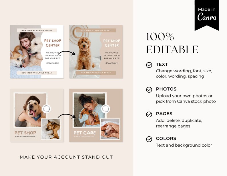 Pode incluir: Um modelo de m&iacute;dia social para uma loja de animais de estima&ccedil;&atilde;o ou um neg&oacute;cio de cuidados com animais de estima&ccedil;&atilde;o. O modelo apresenta um fundo bege com quatro imagens de c&atilde;es e uma mulher segurando um c&atilde;o. O texto no modelo diz "Pet Shop Center", "Pet Care", "Novo item dispon&iacute;vel hoje", "Oferecemos a melhor comida para o seu animal de estima&ccedil;&atilde;o! Compre hoje!" e "Fa&ccedil;a sua conta se destacar".
