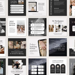 May include: A collection of 16 Instagram post templates for a life coach. The templates feature a black and white color scheme with a minimalist design. The text on the templates includes phrases like "Meet Your Coach", "2024 Year in Review", "Developing a Marketing Strategy", "Things to Avoid if You Want to Be", "3 Steps to Increase Your Productivity", and "Life Coach".